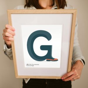 G is for gumboots kiwi kids print for bedroom decoration available for purchase from Blackbird Design Shop