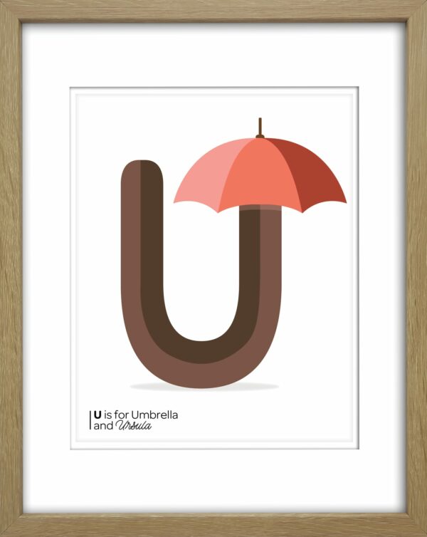 U is for umbrella custom alphabet print for new mum gift ideas or newborn baby room decoration