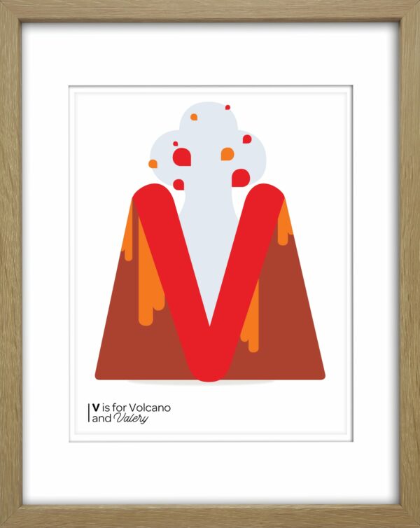 V is for volcano illustrated alphabet print for kiwi kids rooms and baby shower gift ideas