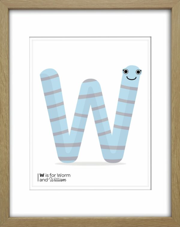 Illustrated print that says w is for worm available to buy from Blackbird Design Shop