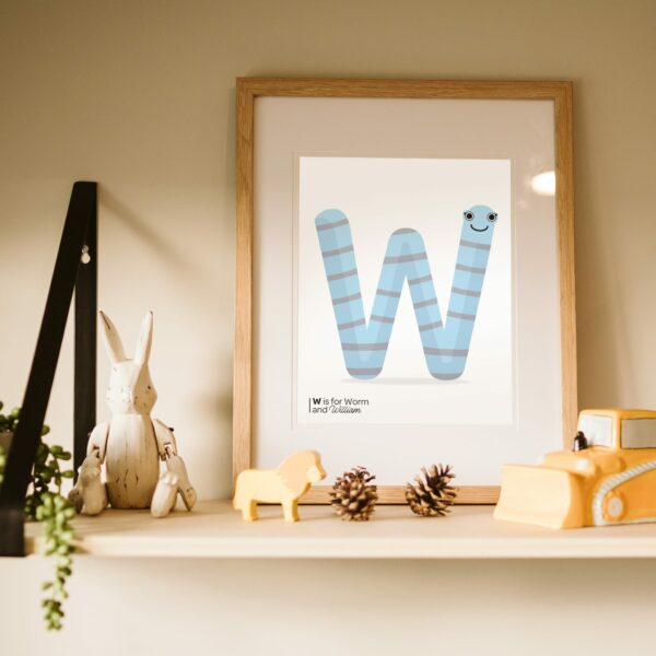 W is for worm illustrated childrens print for bedroom decoration