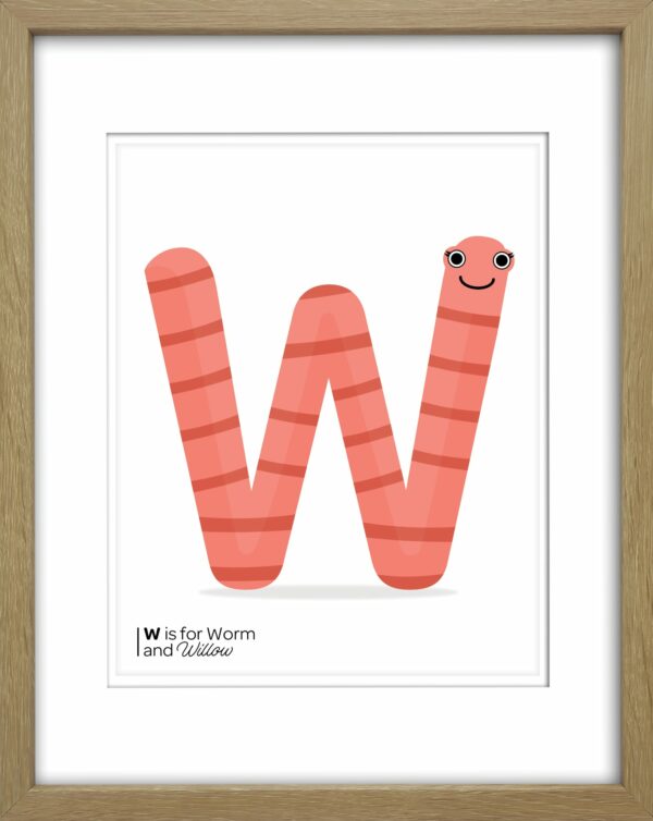 W is for worm illustrated childrens print for bedroom and nursery decoration