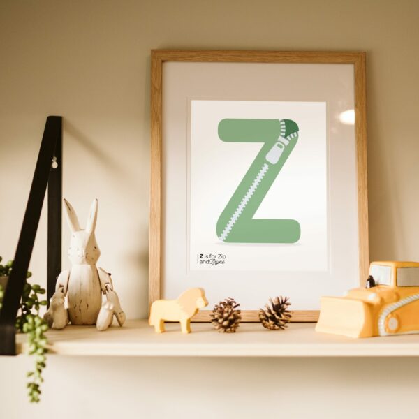 A z is for zip alphabet art illustrated print framed as a nursery decoration