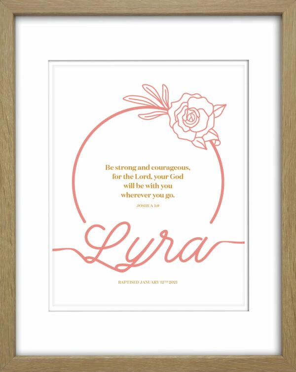 A girls baptism print with a custom name a details from Blackbird Design Shop