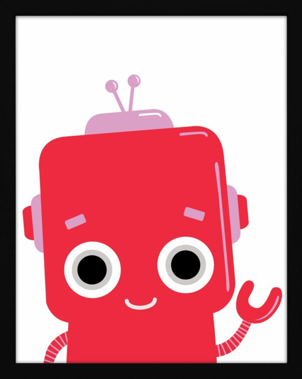 A red robot illustration printed and framed for a nursery decoration