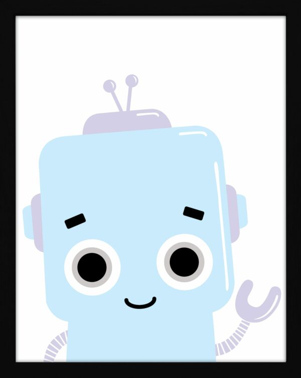A blue and purple robot print for kiwi kids available to purchase from Blackbird Design Shop