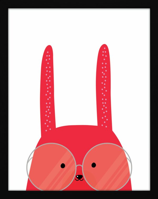 A red rabbit illustration for children printed and framed for purchase from Blackbird Design