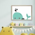 A print for newborn babies which is a light green whale illustration
