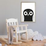 A black owl illustrated print for nursery and bedroom decoration for babies and children
