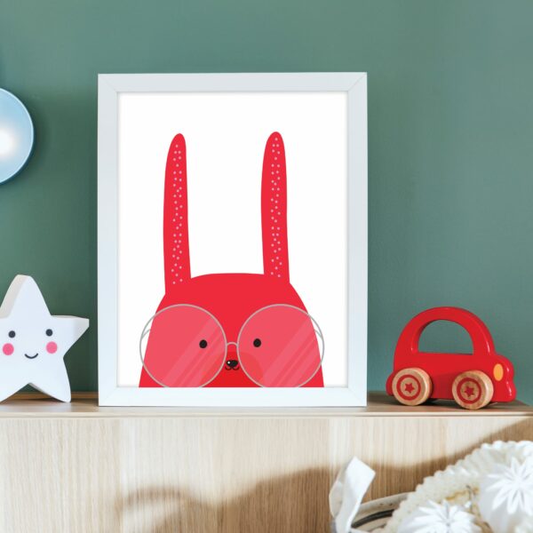 A illustrated red bunny print for a newborn baby bedroom decoration