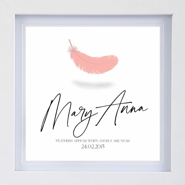 An angel feather custom name memorial print from Blackbird Design Shop to remember lost ones